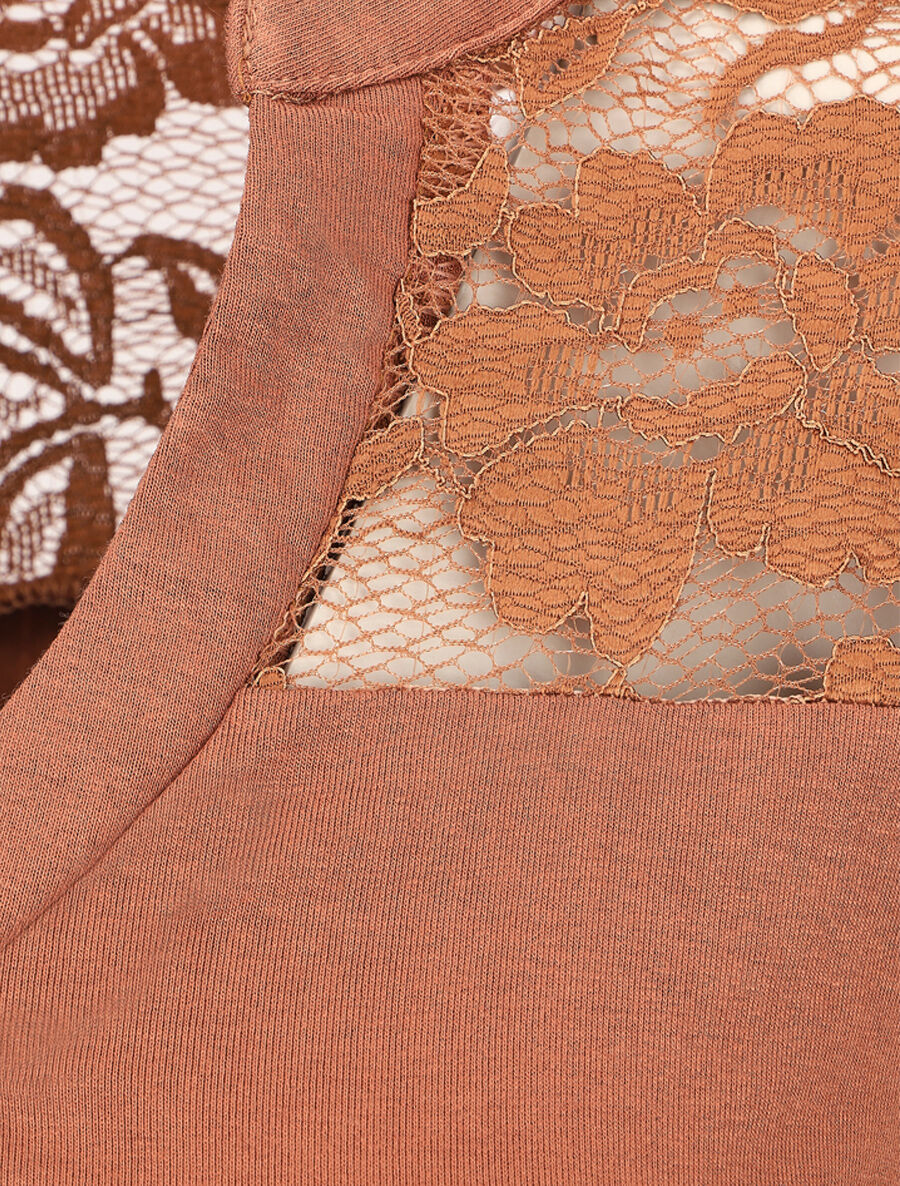 Top uni manches longues et dentelle - Camel - Image 3