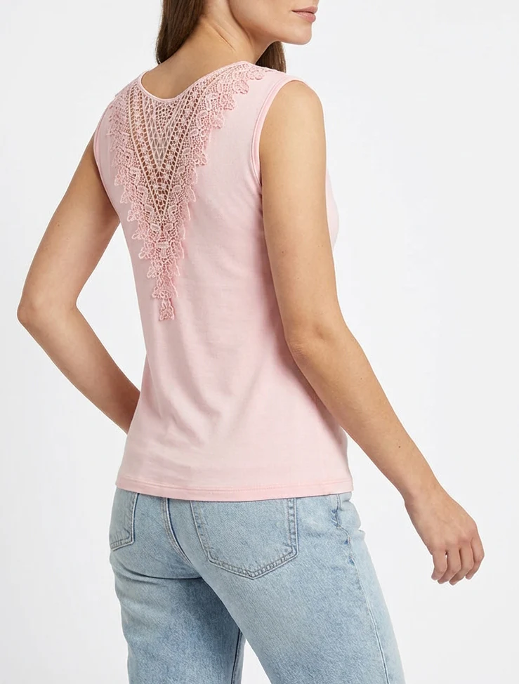 Top uni sans manches à broderie au dos - Rose - Image 4