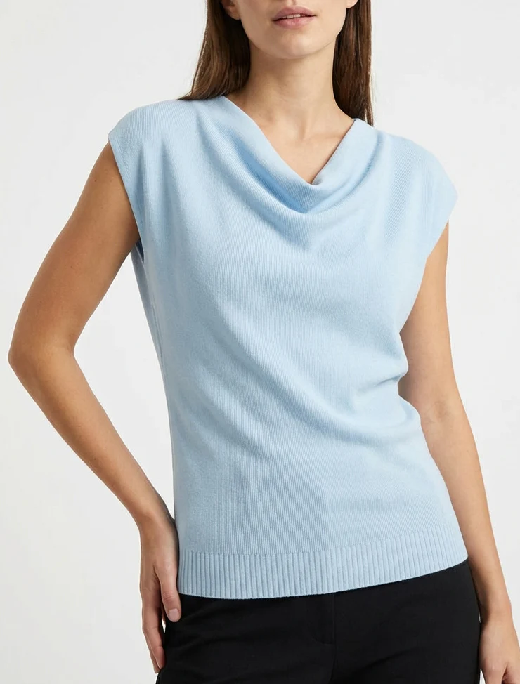 Top uni sans manches à col bénitier - Bleu ciel - Image 4