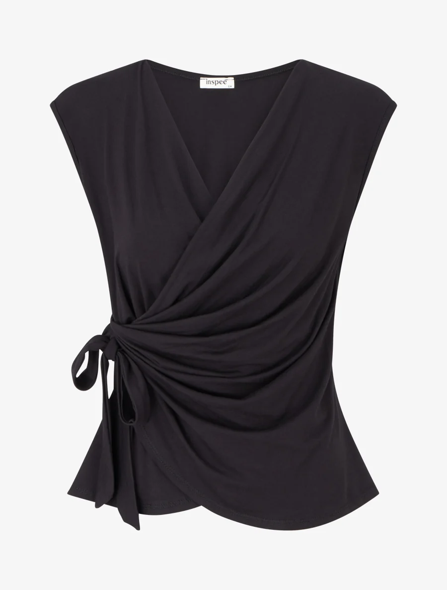 Top uni sans manches à col cache coeur - Noir