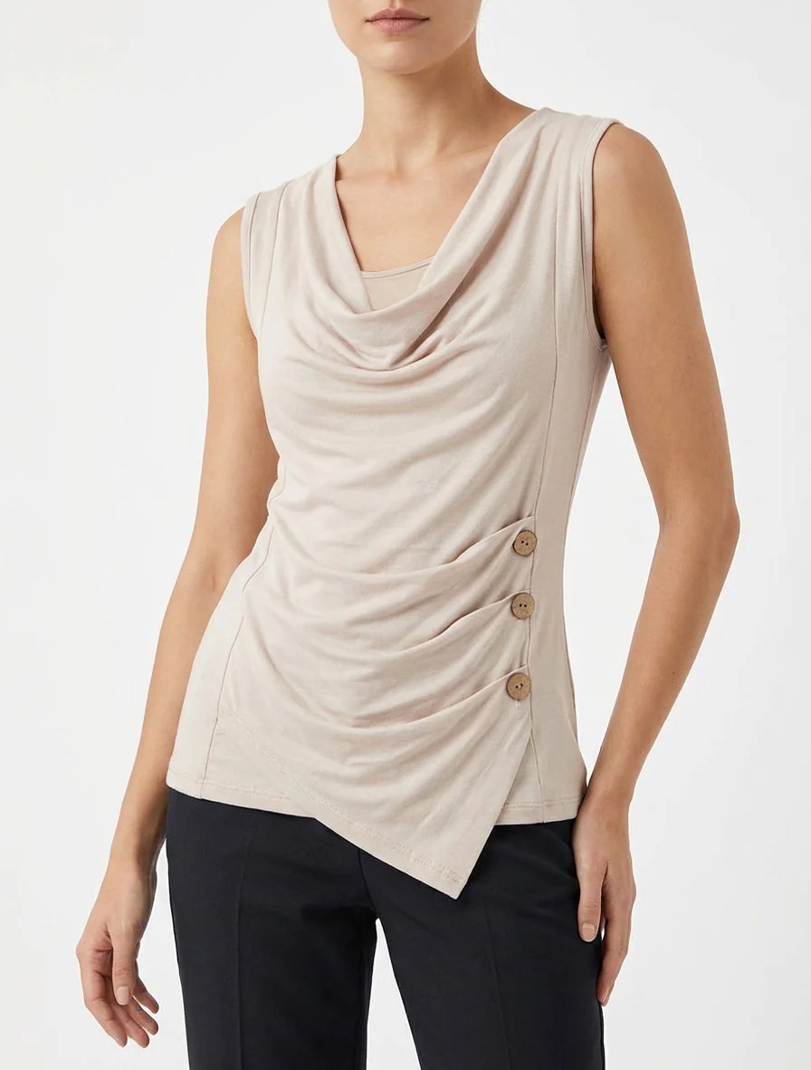 Top uni sans manches à col rond - Beige - Image 4