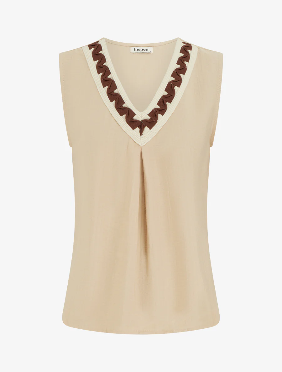 Top uni sans manches à col V stylisé - Beige