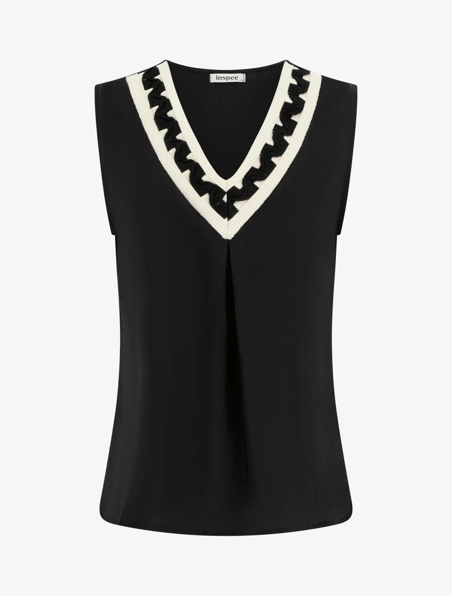 Top uni sans manches à col V stylisé - Noir