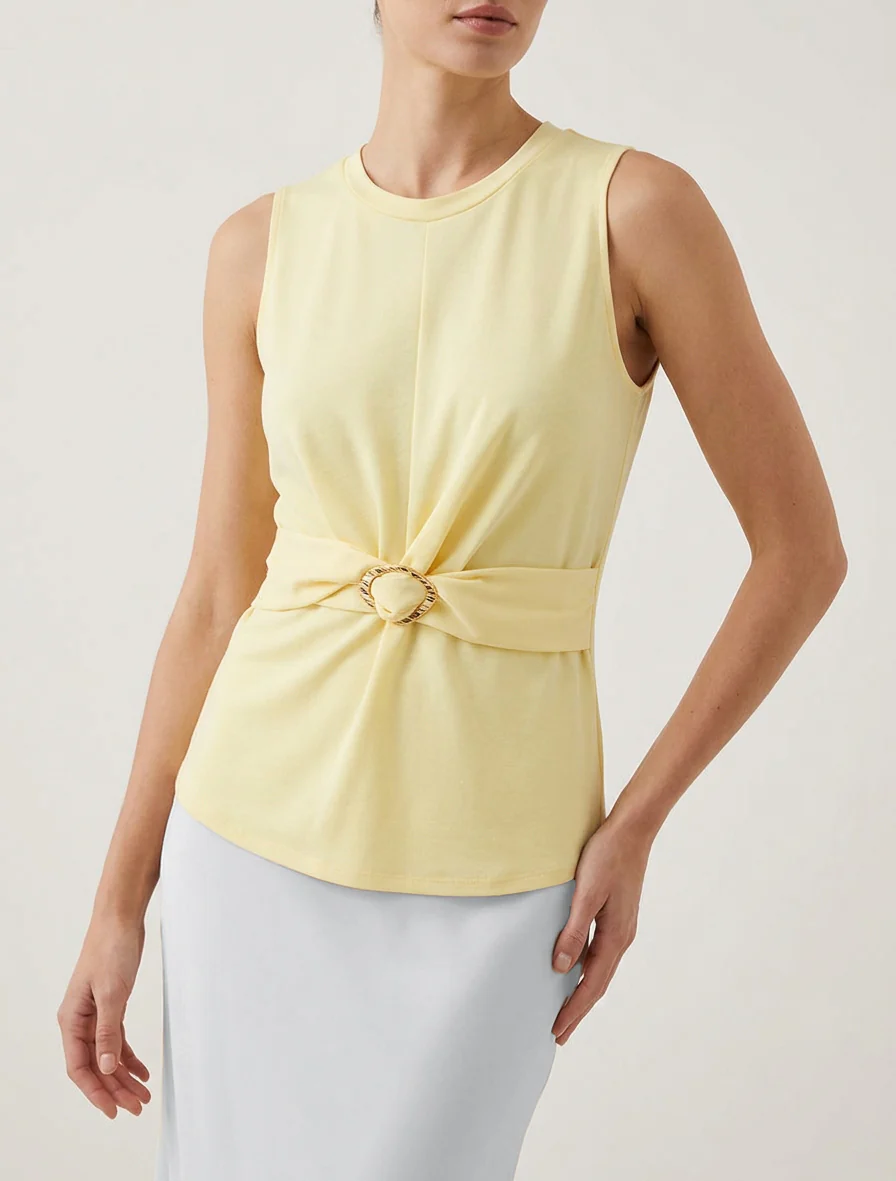 Top uni sans manches à empiècement bijou - Jaune - Image 4