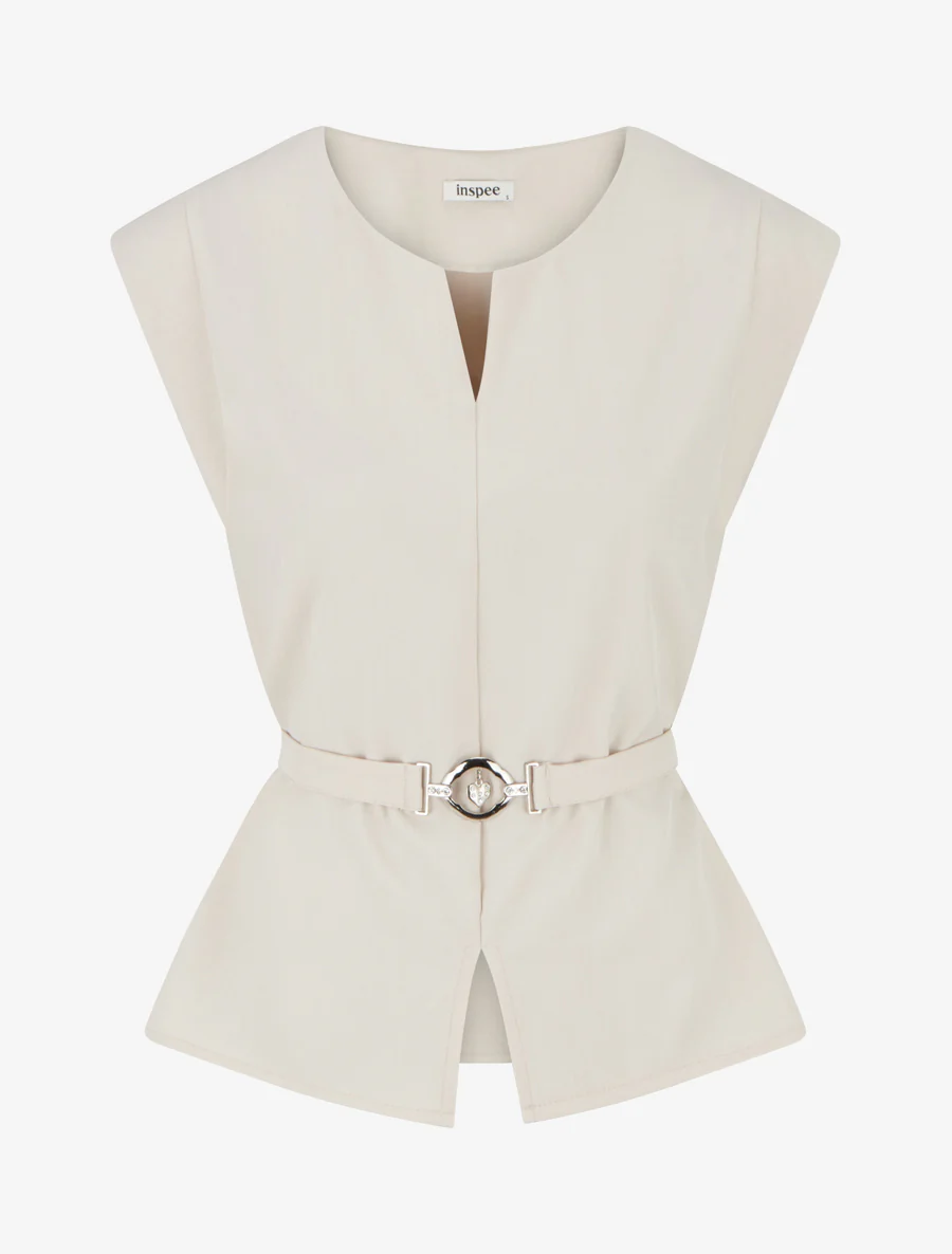 Top uni sans manches à empiècement bijou - Beige