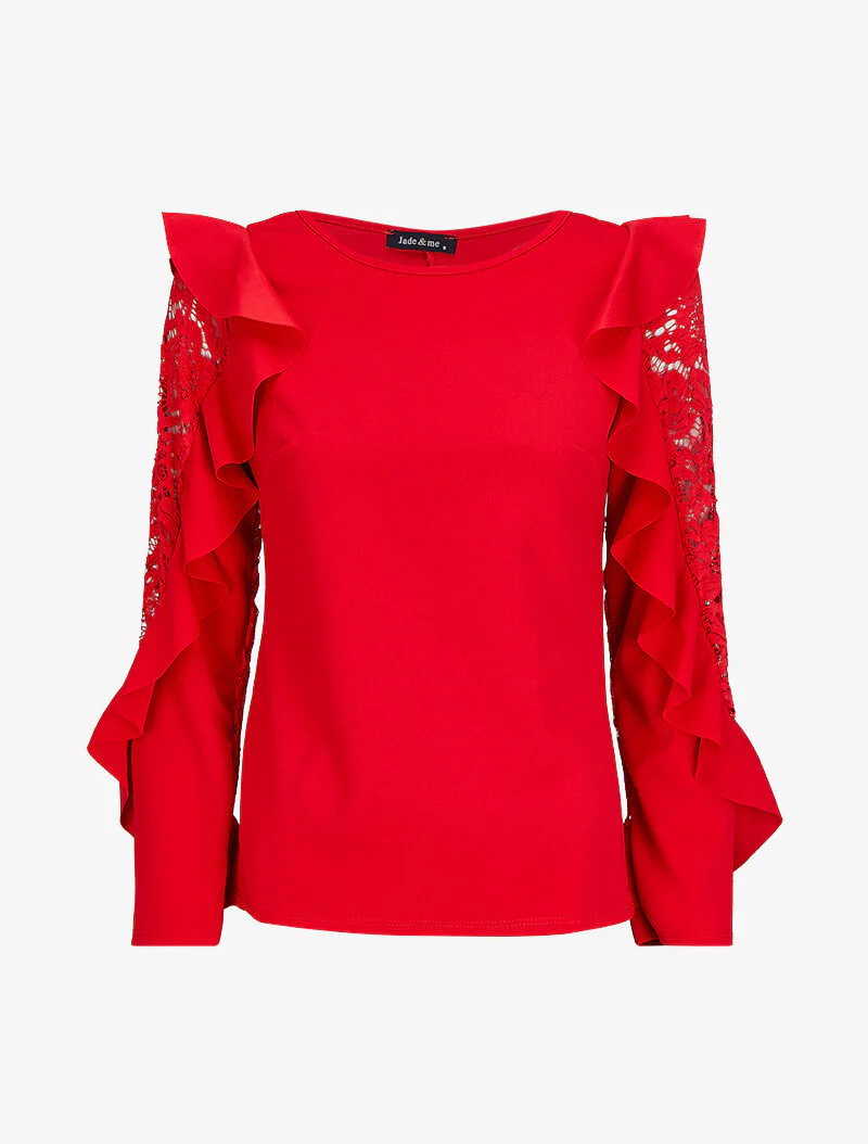 Top volanté à manches en dentelle - Rouge