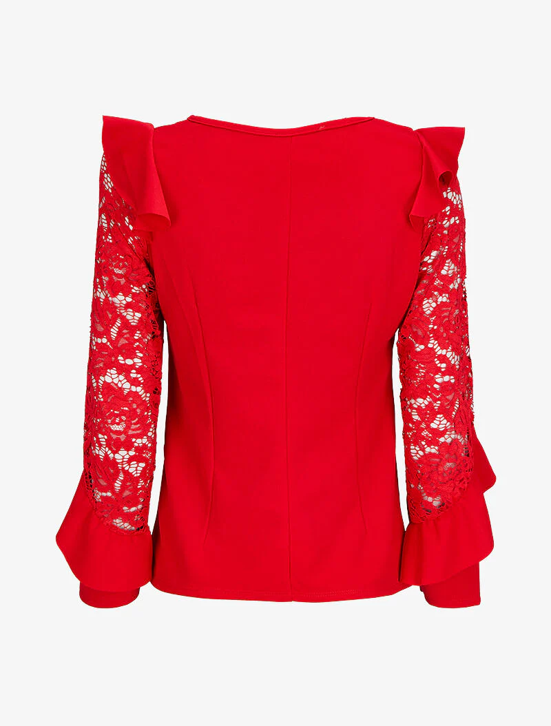 Top volanté à manches en dentelle - Rouge - Image 2