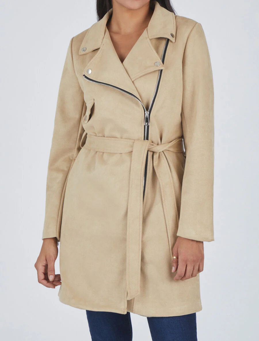 Trench mi-long zippé en suédine - Beige - Image 4