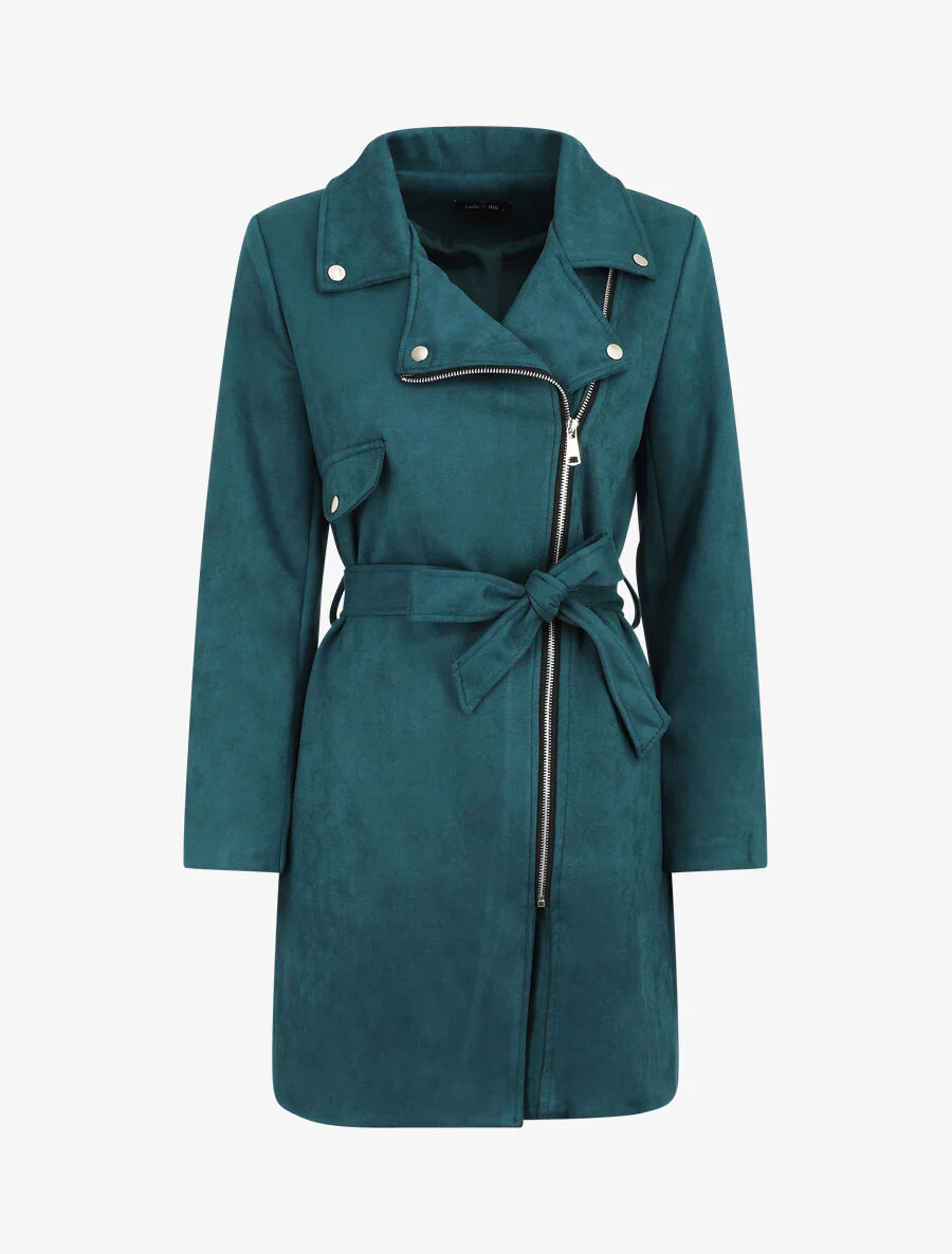 Trench mi-long zippé en suédine - Bleu canard