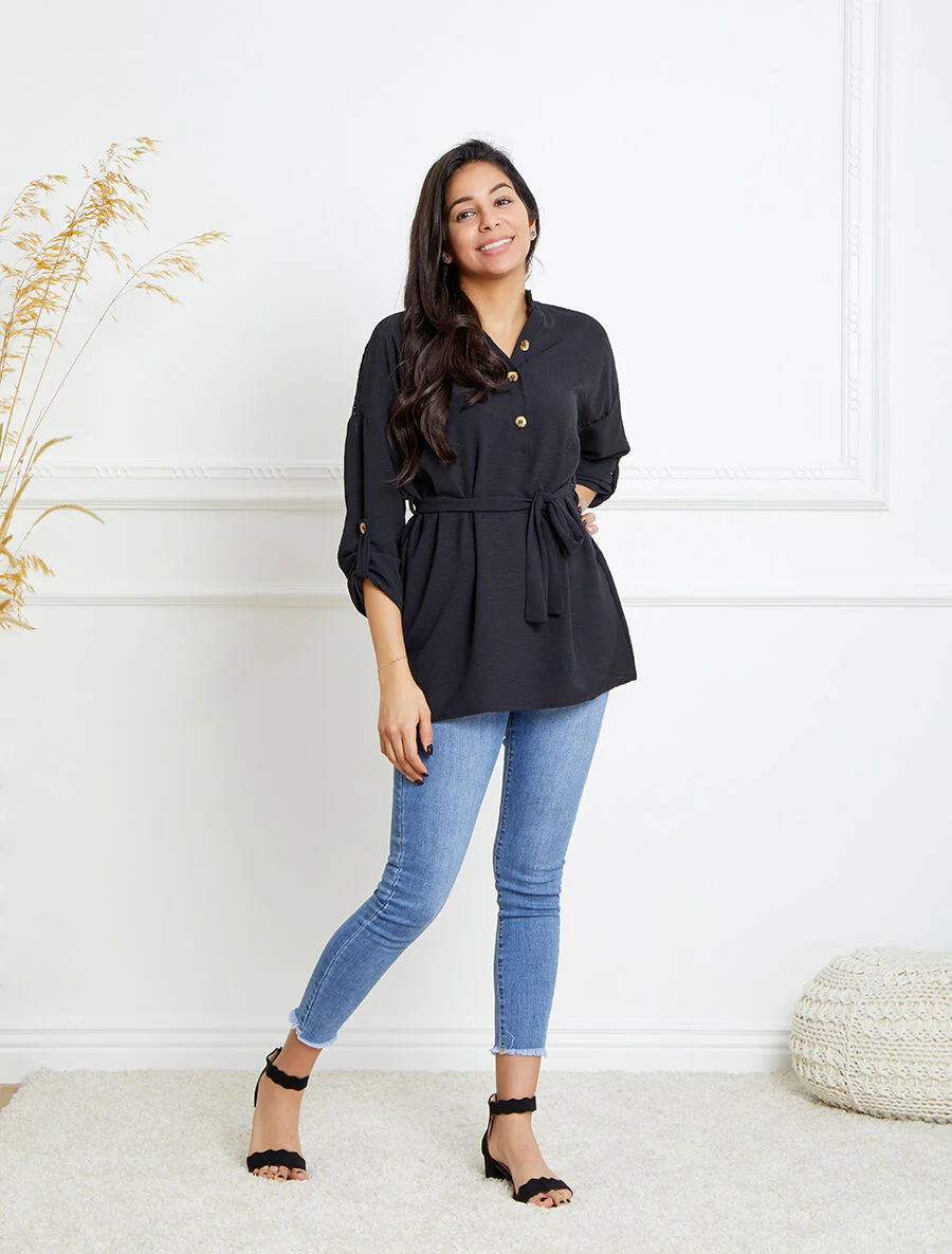 Tunique style chemise à détail dentelle - Noir - Image 4