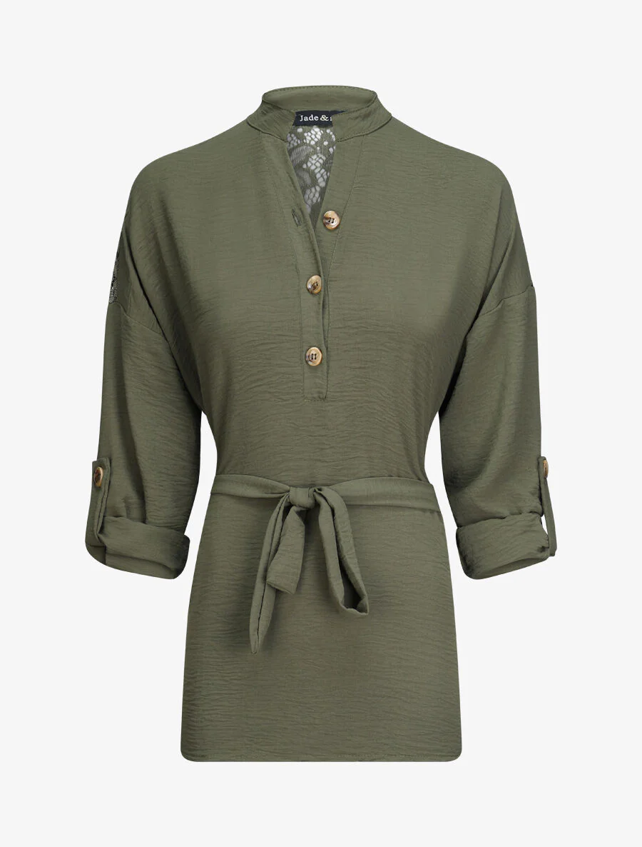 Tunique style chemise à détail dentelle - Kaki