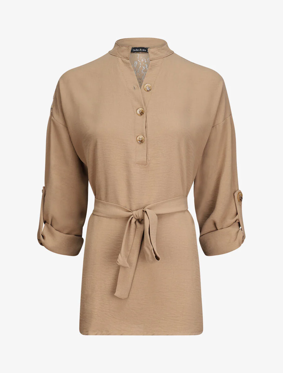 Tunique style chemise à détail dentelle - Camel