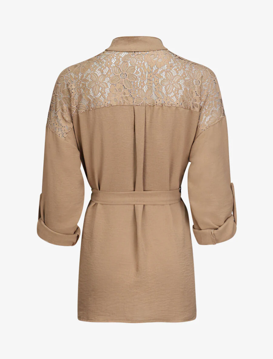 Tunique style chemise à détail dentelle - Camel - Image 2