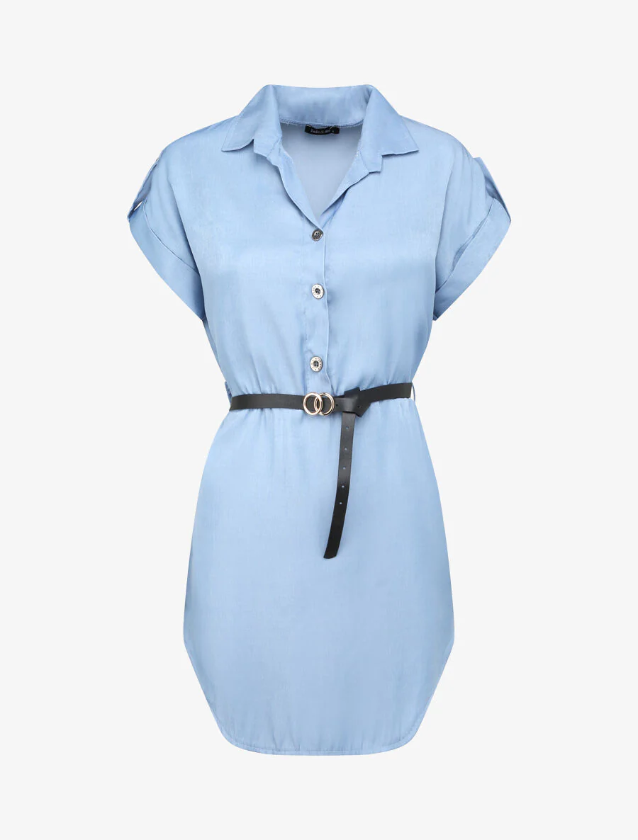 Tunique style chemise droite à manches courtes - Denim clair