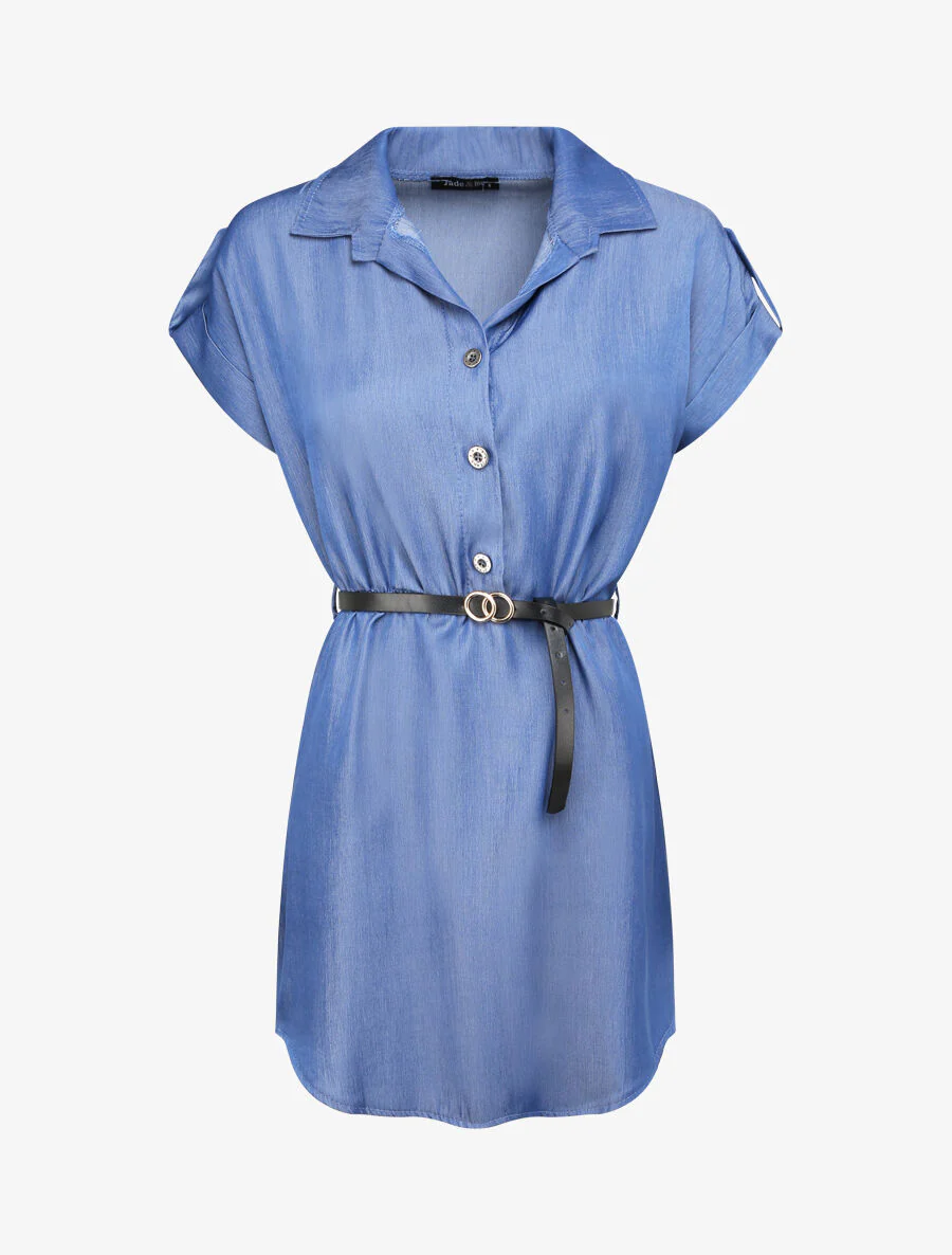 Tunique style chemise droite à manches courtes - Bleu denim