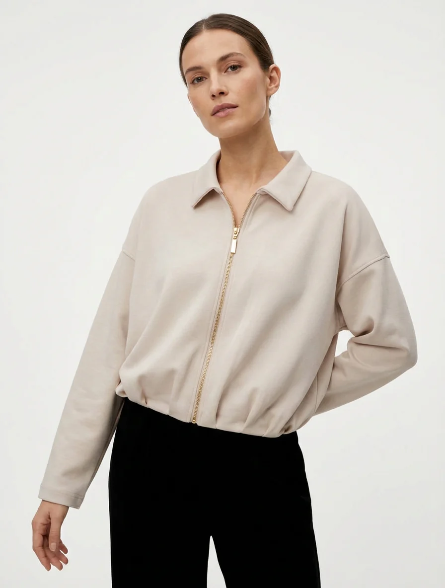 Veste coupe boule zippée effet froncé - Beige - Image 4