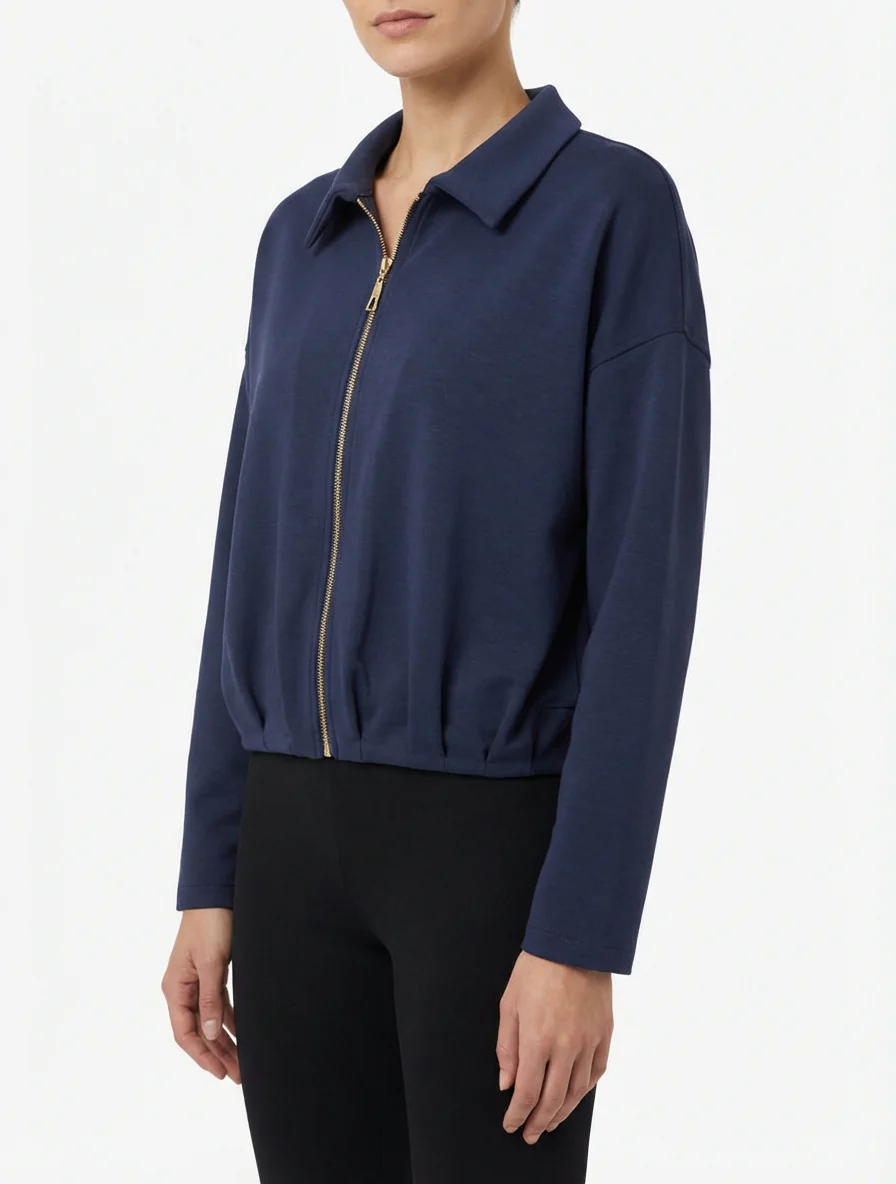 Veste coupe boule zippée effet froncé - Marine - Image 4