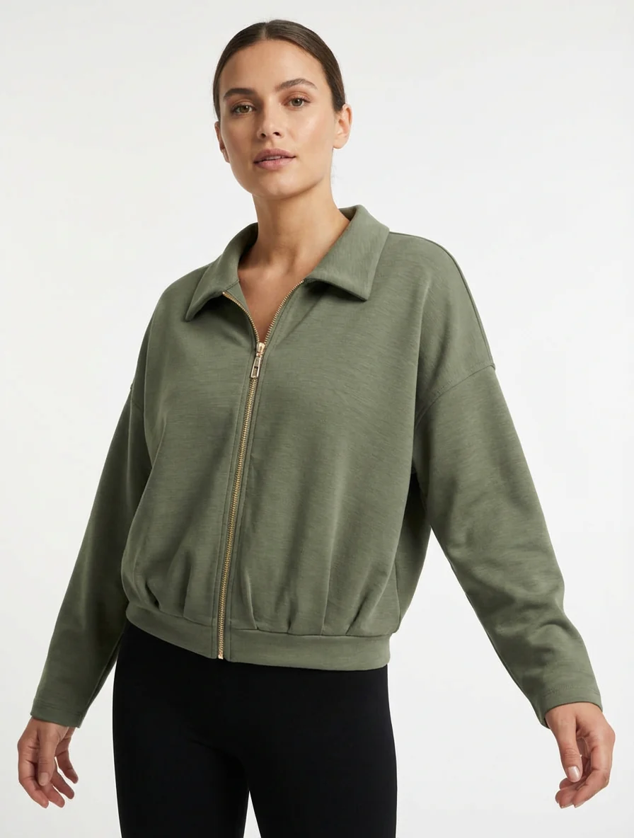 Veste coupe boule zippée effet froncé - Kaki - Image 4
