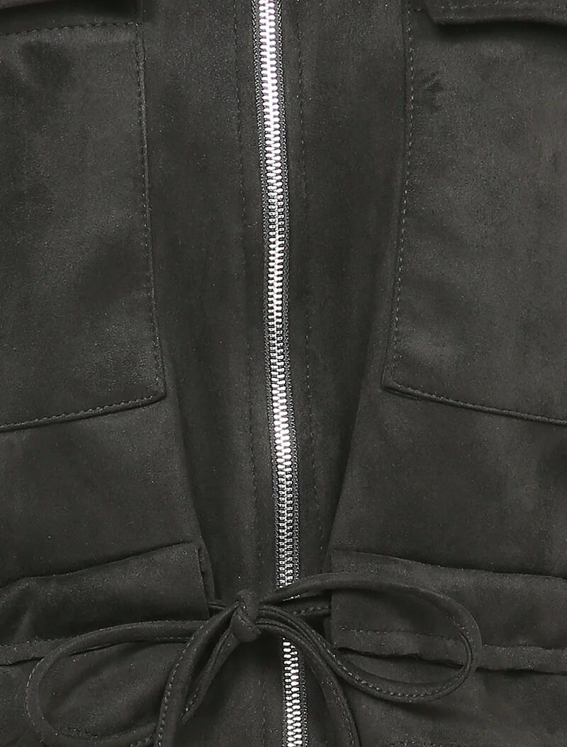 Veste courte en suédine à poches à rabat - Noir - Image 3