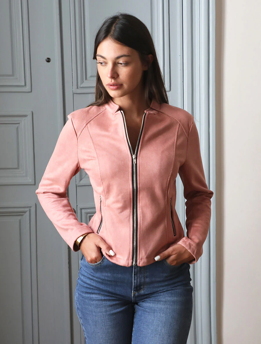 Veste droite en suédine poches zippées - Rose - Image 4