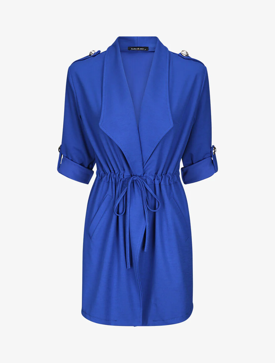 Veste droite mi-longue à col biseauté - Bleu électrique