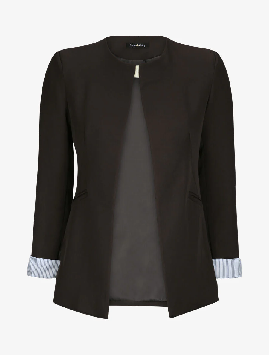 Veste droite unie manches à revers rayé - Noir