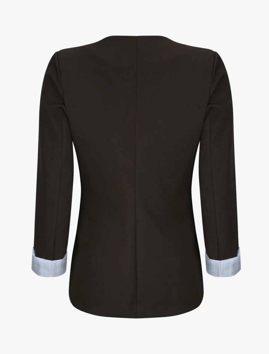 Veste droite unie manches à revers rayé - Noir - Image 2