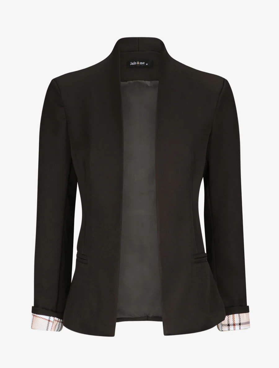 Veste droite unie manches longues à revers carreaux - Noir