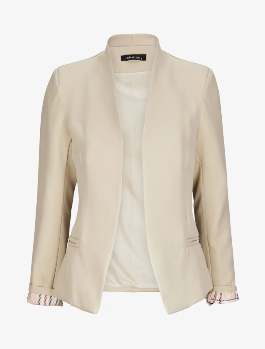 Veste droite unie manches longues à revers carreaux - Beige