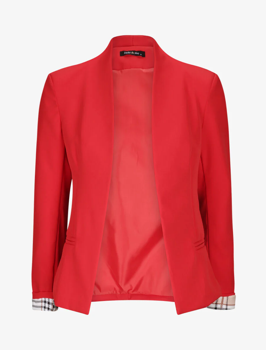 Veste droite unie manches longues à revers carreaux - Rouge