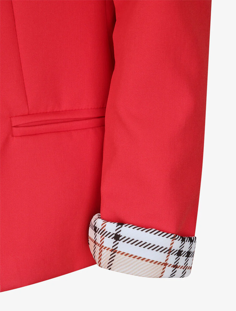 Veste droite unie manches longues à revers carreaux - Rouge - Image 3