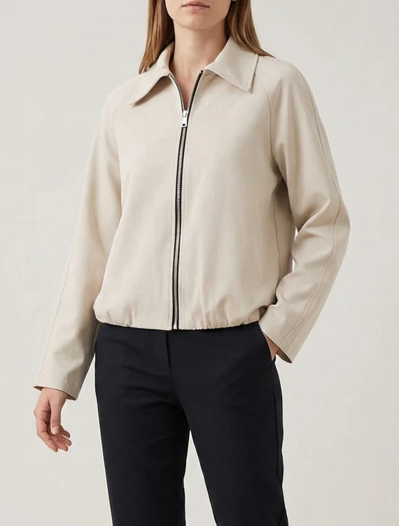 Veste droite zippée à col chemise - Beige - Image 4