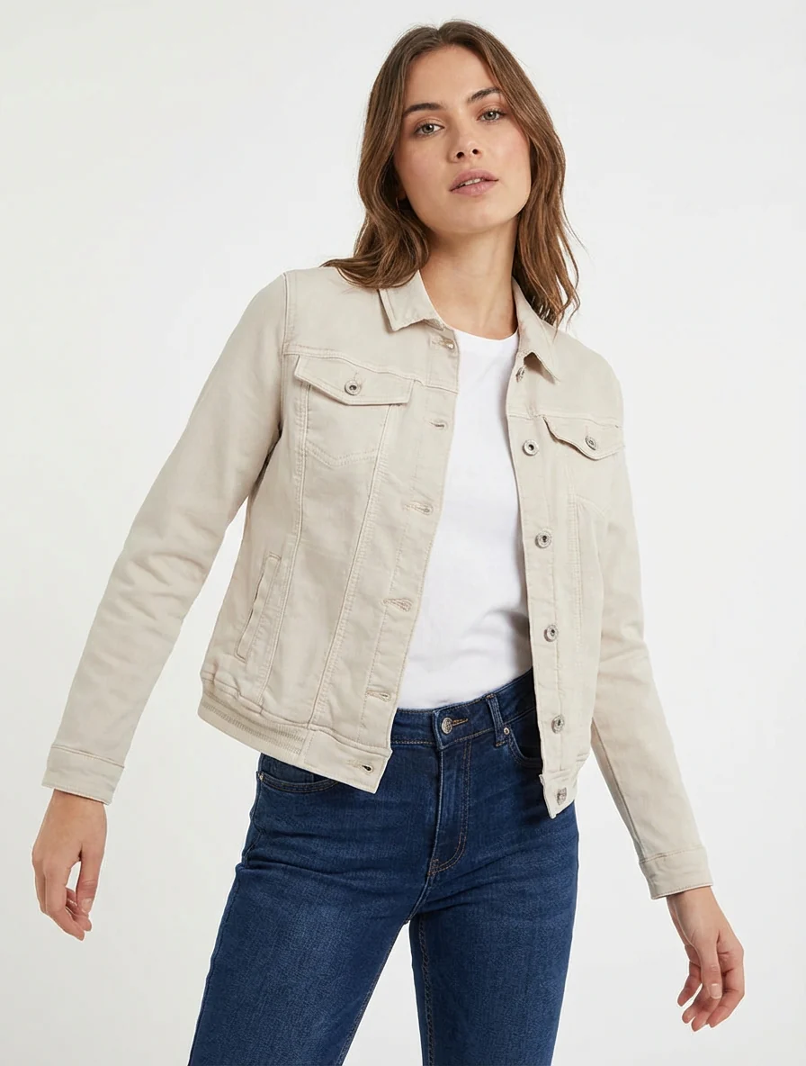 Veste en jean à bords élastiqués - Beige - Image 4