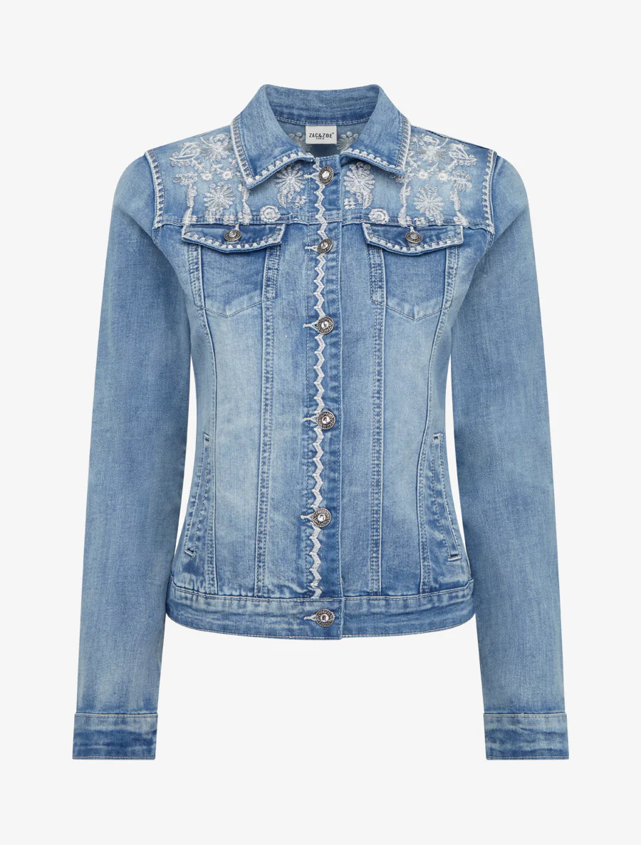 Veste en jean à broderies florales - Bleu