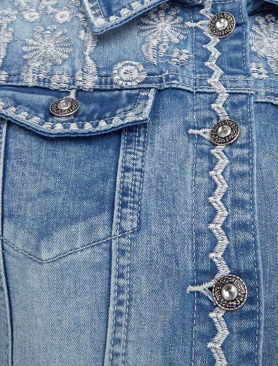 Veste en jean à broderies florales - Bleu - Image 3