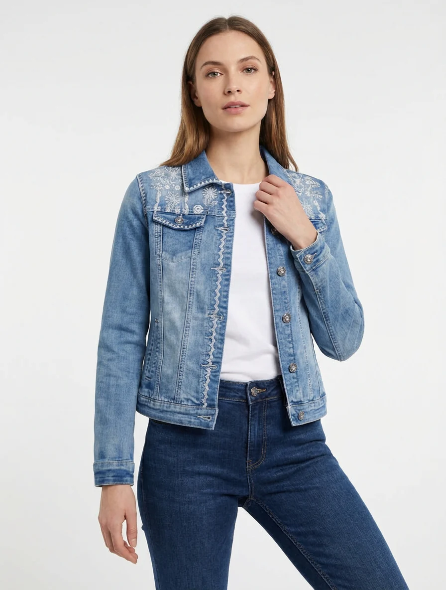 Veste en jean à broderies florales - Bleu - Image 4