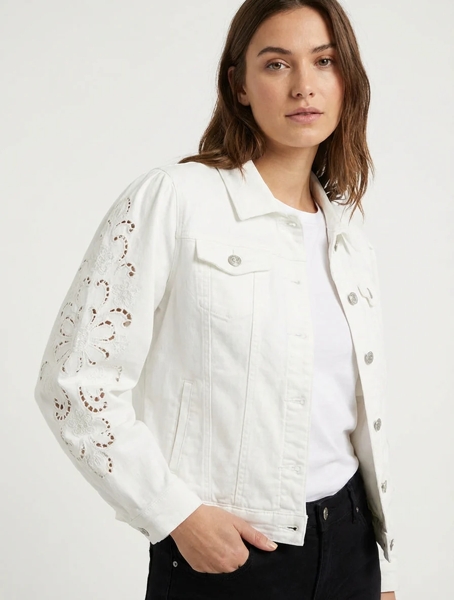 Veste en jean à manches brodées - Blanc - Image 4