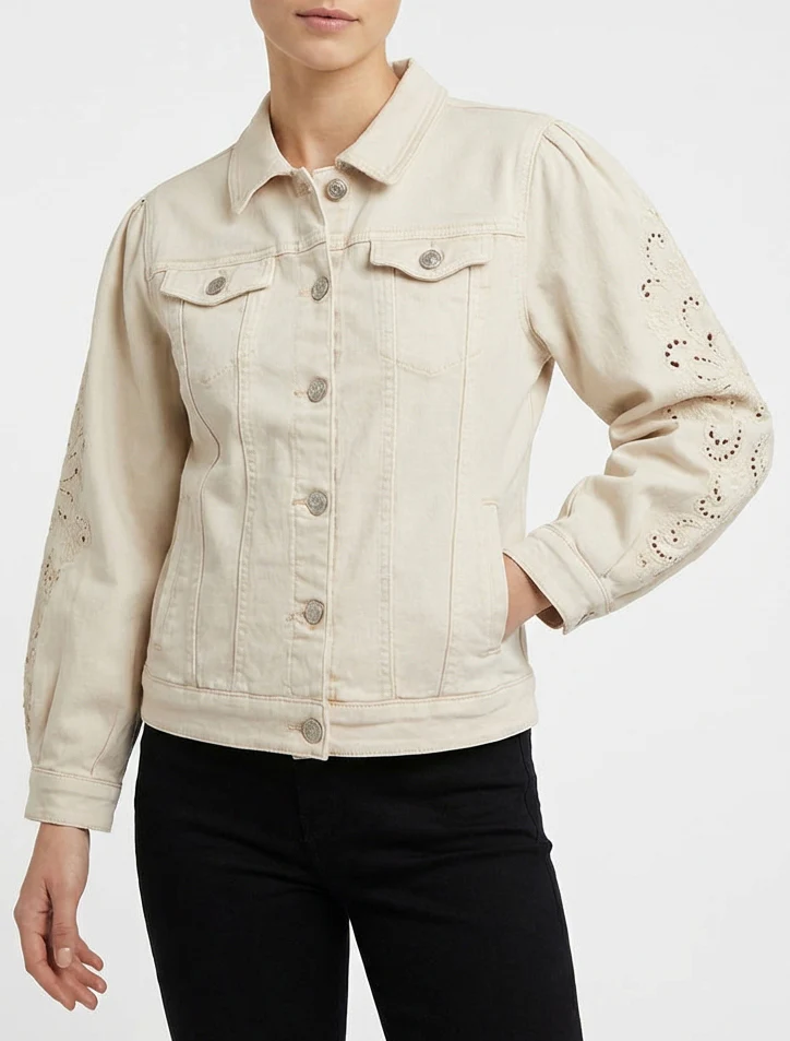 Veste en jean à manches brodées - Beige - Image 4