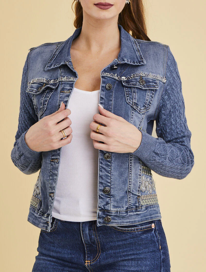 Veste en jean brodée à manches contrastantes - bleu denim