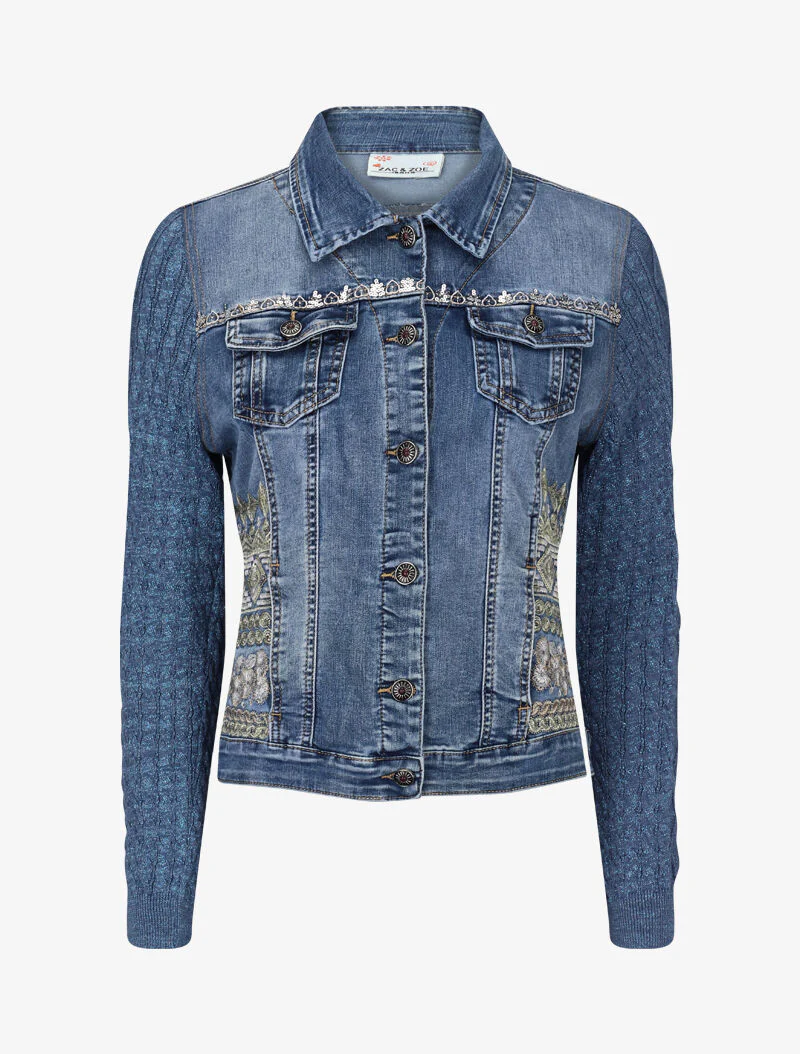 Veste en jean brodée à manches contrastantes - bleu denim - Image 2