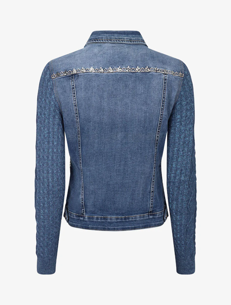 Veste en jean brodée à manches contrastantes - bleu denim - Image 3