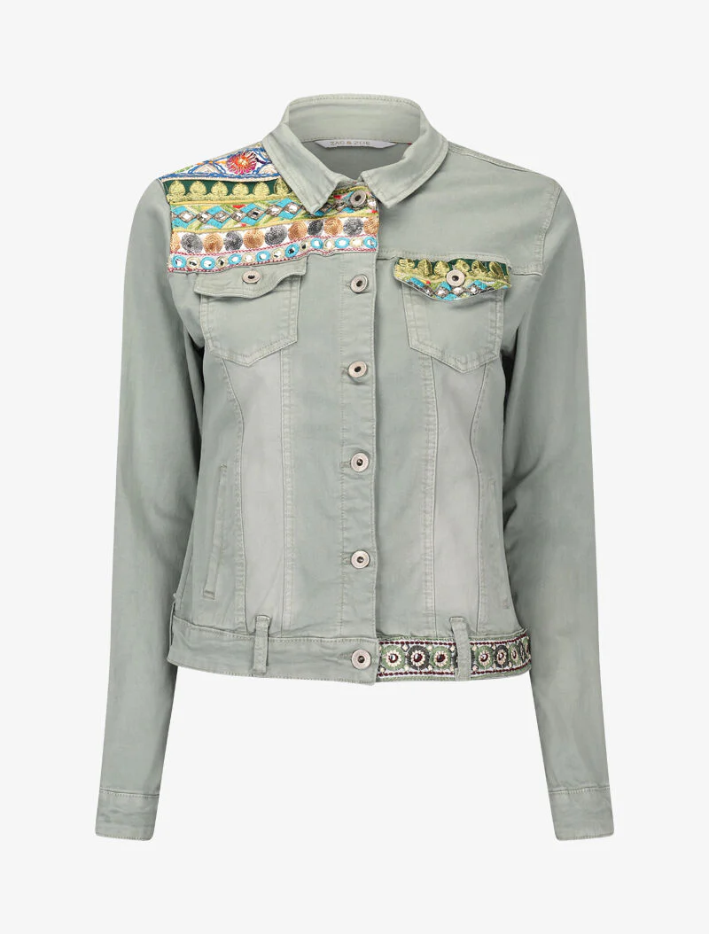 Veste en jean ornée de sequins et broderie - kaki - Image 2