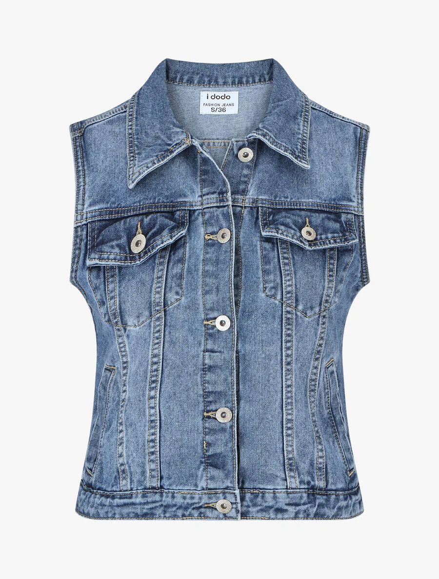 Veste en jean sans manches ajustée - Bleu