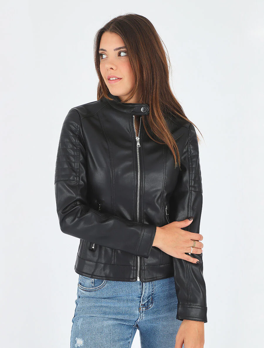 Veste en simili poches zippées - Noir - Image 5