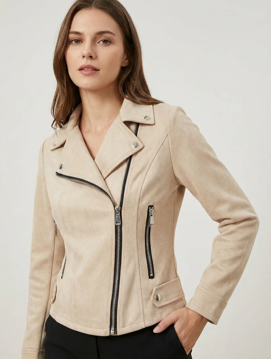 Veste en suédine à fermeture zippée - Beige - Image 4