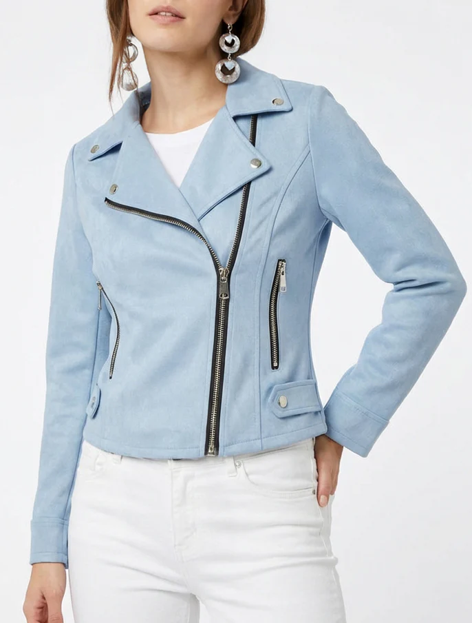 Veste en suédine à fermeture zippée - Bleu ciel - Image 4