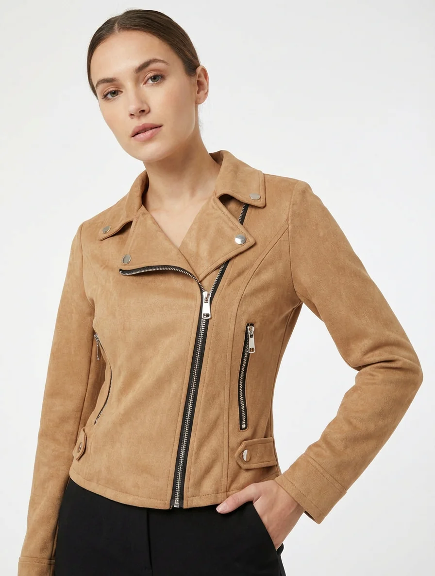 Veste en suédine à fermeture zippée - Camel - Image 4