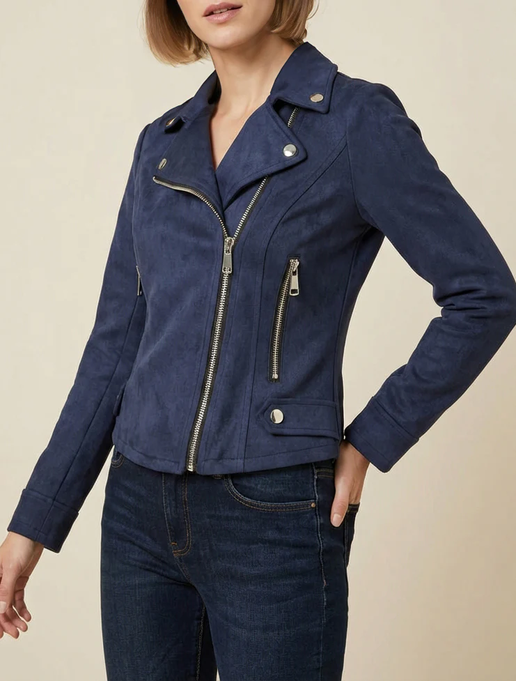 Veste en suédine à fermeture zippée - Marine - Image 4