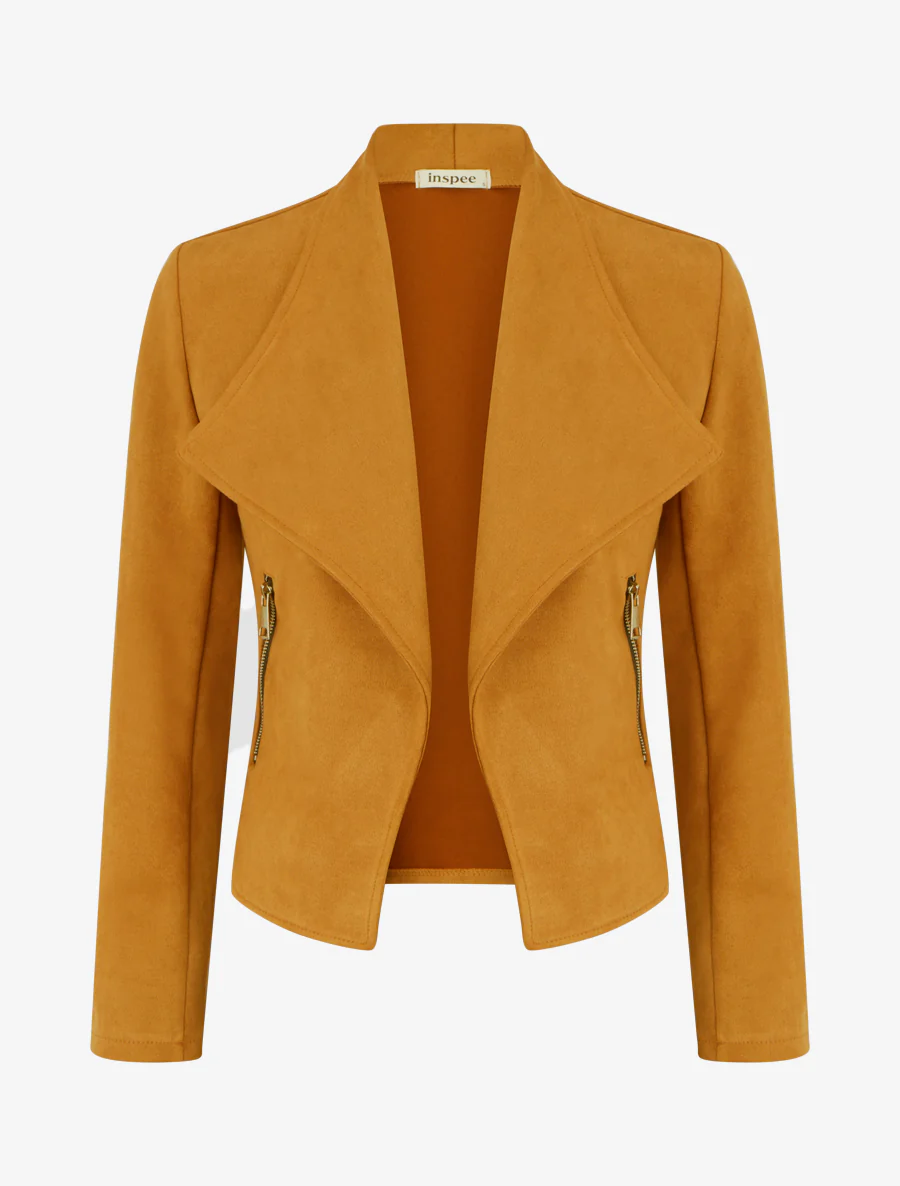 Veste en suédine à poches décoratives zippées - jaune moutarde