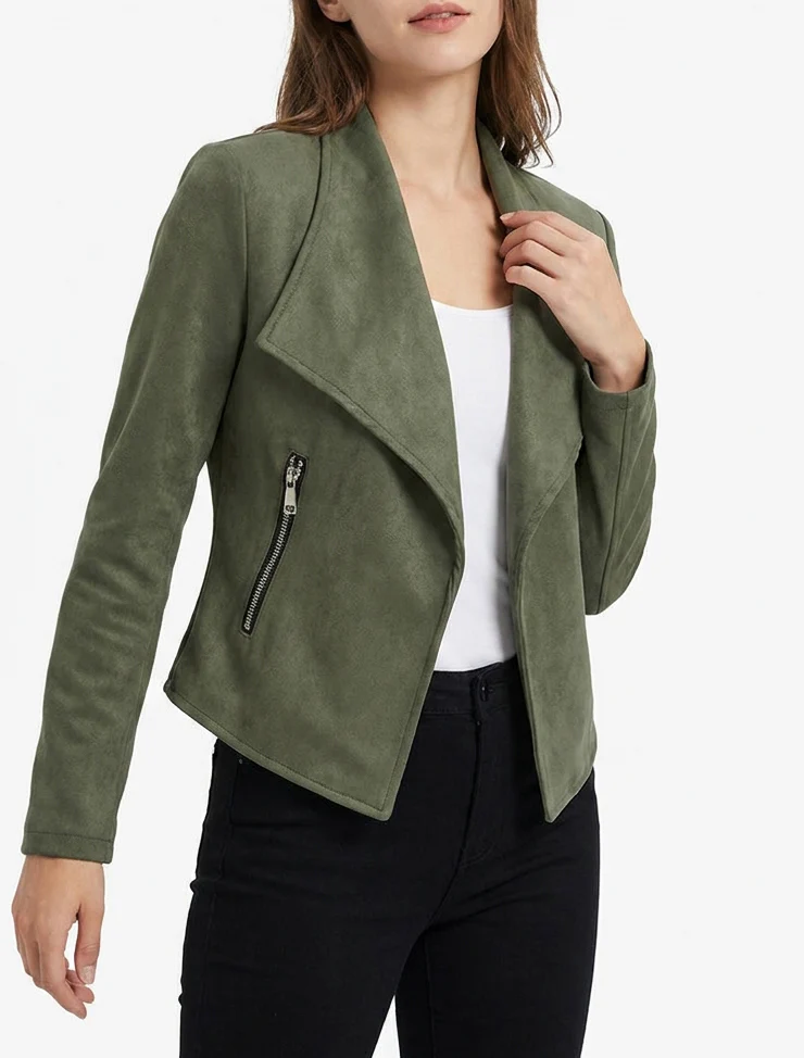 Veste en suédine à poches décoratives zippées - Kaki - Image 4